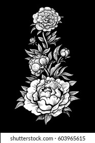Vector Black and White Flowers Tattoo on Black Background