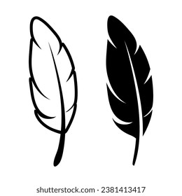 Vector Black and White Fluffy Feather Logo Icon, Silhouette Feather Set Closeup Isolated. Design Template of Flamingo, Angel, Bird Feather. Lightness, Freedom Concept