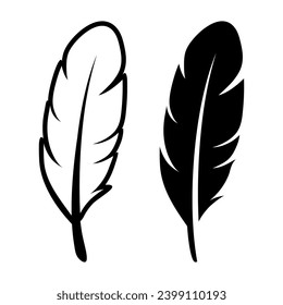 Vector Black and White Fluffy Feather Logo Icon, Silhouette Feather Set Closeup Isolated. Design Template of Flamingo, Angel, Bird Feather. Lightness, Freedom Concept