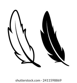 Vector Black and White Fluffy Feather Logo Icon, Silhouette Feather Set Closeup Isolated. Design Template of Flamingo, Angel, Bird Feather. Lightness, Freedom Concept