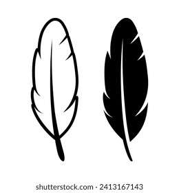 Vector Black and White Fluffy Feather Logo Icon, Silhouette Feather Set Closeup Isolated. Design Template of Flamingo, Angel, Bird Feather. Lightness, Freedom Concept