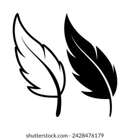 Vector Black and White Fluffy Feather Logo Icons. Silhouette Feather Set Closeup Isolated. Design Template of Flamingo, Angel, Bird Feather. Lightness and Freedom Concept