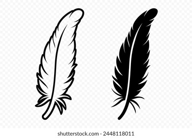 Vector Black and White Fluffy Feather Logo Icons. Silhouette Feather Set Closeup Isolated. Design Template of Flamingo, Angel, Bird Feather. Lightness and Freedom Concept