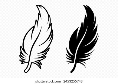 Vector Black and White Fluffy Feather Logo Icons. Silhouette Feather Set Closeup Isolated. Design Template of Flamingo, Angel, Bird Feather. Lightness and Freedom Concept