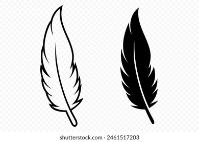 Vector Black and White Fluffy Feather Logo Icons. Silhouette Feather Set Closeup Isolated. Design Template of Flamingo, Angel, Bird Feather. Lightness and Freedom Concept