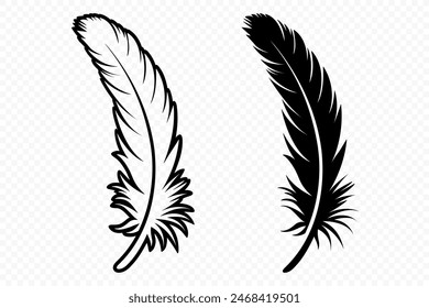 Vector Black and White Fluffy Feather Logo Icons. Silhouette Feather Set Closeup Isolated. Design Template of Flamingo, Angel, Bird Feather. Lightness and Freedom Concept