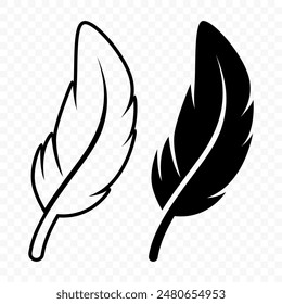 Vector Black and White Fluffy Feather Logo Icons. Silhouette Feather Set Closeup Isolated. Design Template of Flamingo, Angel, Bird Feather. Lightness and Freedom Concept