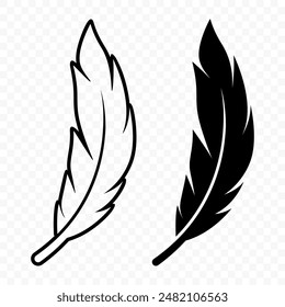 Vector Black and White Fluffy Feather Logo Icons. Silhouette Feather Set Closeup Isolated. Design Template of Flamingo, Angel, Bird Feather. Lightness and Freedom Concept