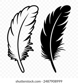 Vector Black and White Fluffy Feather Logo Icons. Silhouette Feather Set Closeup Isolated. Design Template of Flamingo, Angel, Bird Feather. Lightness and Freedom Concept