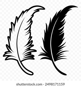 Vector Iconos de logotipo de plumas mullidas en blanco y negro. Conjunto de plumas de silueta en primer plano aislado. Plantilla de diseño de flamenco, ángel, pluma de pájaro. Concepto de ligereza y libertad