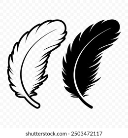 Vector Black and White Fluffy Feather Logo Icons. Silhouette Feather Set Closeup Isolated. Design Template of Flamingo, Angel, Bird Feather. Lightness and Freedom Concept