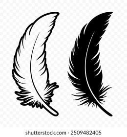 Vector Black and White Fluffy Feather Logo Icons. Silhouette Feather Set Closeup Isolated. Design Template of Flamingo, Angel, Bird Feather. Lightness and Freedom Concept