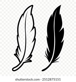 Vector Black and White Fluffy Feather Logo Icons. Silhouette Feather Set Closeup Isolated. Design Template of Flamingo, Angel, Bird Feather. Lightness and Freedom Concept