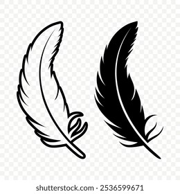 Vector Black and White Fluffy Feather Logo Icons. Silhouette Feather Set Closeup Isolated. Design Template of Flamingo, Angel, Bird Feather. Lightness and Freedom Concept