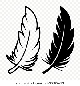 Vector Black and White Fluffy Feather Logo Icons. Silhouette Feather Set Closeup Isolated. Design Template of Flamingo, Angel, Bird Feather. Lightness and Freedom Concept