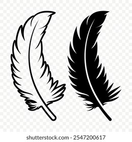 Vector Black and White Fluffy Feather Logo Icons. Silhouette Feather Set Closeup Isolated. Design Template of Flamingo, Angel, Bird Feather. Lightness and Freedom Concept