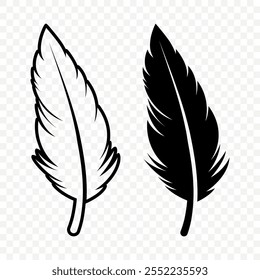 Vector Iconos de logotipo de plumas mullidas en blanco y negro. Conjunto de plumas de silueta en primer plano aislado. Plantilla de diseño de flamenco, ángel, pluma de pájaro. Concepto de ligereza y libertad