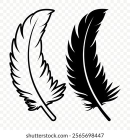 Vector Black and White Fluffy Feather Logo Icons. Silhouette Feather Set Closeup Isolated. Design Template of Flamingo, Angel, Bird Feather. Lightness and Freedom Concept