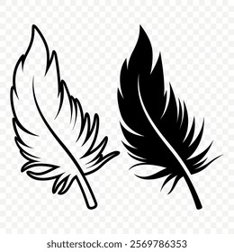 Vector Black and White Fluffy Feather Logo Icons. Silhouette Feather Set Closeup Isolated. Design Template of Flamingo, Angel, Bird Feather. Lightness and Freedom Concept