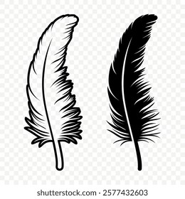 Vector Black and White Fluffy Feather Logo Icons. Silhouette Feather Set Closeup Isolated. Design Template of Flamingo, Angel, Bird Feather. Lightness and Freedom Concept