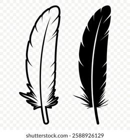 Vector Black and White Fluffy Feather Logo Icons. Silhouette Feather Set Closeup Isolated. Design Template of Flamingo, Angel, Bird Feather. Lightness and Freedom Concept