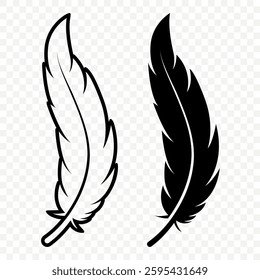 Vector Black and White Fluffy Feather Logo Icons. Silhouette Feather Set Closeup Isolated. Design Template of Flamingo, Angel, Bird Feather. Lightness and Freedom Concept