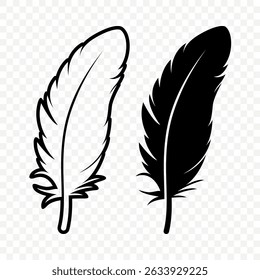 Vector Black and White Fluffy Feather Logo Icons. Silhouette Feather Set Closeup Isolated. Design Template of Flamingo, Angel, Bird Feather. Lightness and Freedom Concept