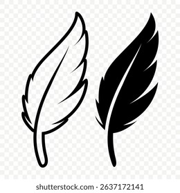 Vector Black and White Fluffy Feather Logo Icons. Silhouette Feather Set Closeup Isolated. Design Template of Flamingo, Angel, Bird Feather. Lightness and Freedom Concept