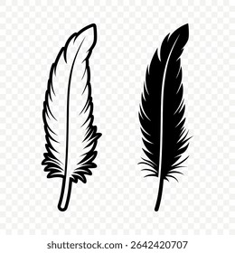 Vector Black and White Fluffy Feather Logo Icons. Silhouette Feather Set Closeup Isolated. Design Template of Flamingo, Angel, Bird Feather. Lightness and Freedom Concept