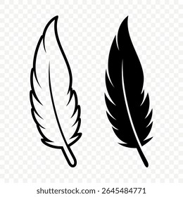 Vector Black and White Fluffy Feather Logo Icons. Silhouette Feather Set Closeup Isolated. Design Template of Flamingo, Angel, Bird Feather. Lightness and Freedom Concept