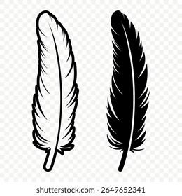 Ícones de logotipo de penas fofas em preto e branco de vetor. Silhueta Feather Set Closeup Isolado. Modelo de Design de Flamingo, Anjo, Pena de Pássaro. Conceito de leveza e liberdade