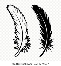 Ícones de logotipo de penas fofas em preto e branco de vetor. Silhueta Feather Set Closeup Isolado. Modelo de Design de Flamingo, Anjo, Pena de Pássaro. Conceito de leveza e liberdade