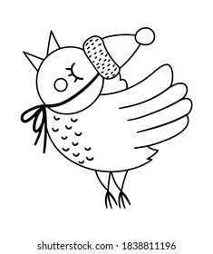 Vector black and white flying bird with opened beak in warm hat. Cute winter animal illustration. Funny Christmas card design. New Year line icon with smiling character
