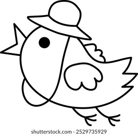 Vector pájaro volador blanco y negro en el ícono del sombrero. Arqueólogo de dibujos animados animal Clipart. Excavaciones históricas de dinosaurios o científicos, ilustración de la línea del explorador. Linda página para colorear para los niños