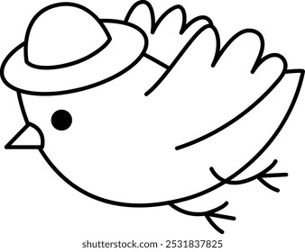 Vector pájaro volador blanco y negro en el ícono del sombrero. Arqueólogo de dibujos animados animal Clipart. Excavaciones históricas de dinosaurios o científicos, ilustración de la línea del explorador. Linda página para colorear para los niños