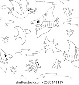 Vector de dinosaurio volador blanco y negro sin patrón con pterosaurios. Fondo de repetición de animales prehistóricos de línea. Papel digital Dino o página para colorear con pterodáctilo, nubes, cielo para niños
