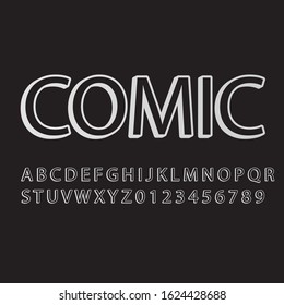 vector black and white font alphabet and numbers, comic word on black background