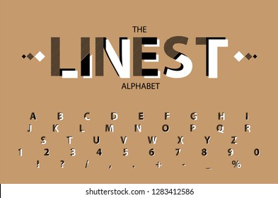 Vector black and white font with letters, signsand signs with partial linear hatching