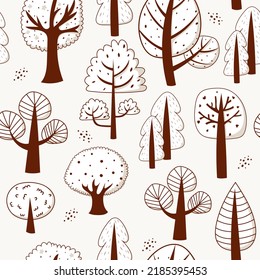 Vector black and white forest or garden trees seamless pattern. Doodle cartoon illustration