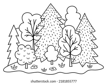 Vector black and white forest landscape. Environment friendly concept with trees, flowers and bushes. Ecological or outdoor camping line illustration. Cute earth day coloring page with plants
