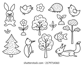 Vektorschwarz-weißer Wald mit Pflanzen, Bäumen, Tieren, Vögeln. Holztäfelung für Kinder. Umrisskollektion der Cuute-Natur. Gartensymbole Pack mit Eichhörnchen, Specker, Hasen, Hedgehog
