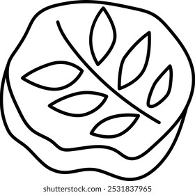 Vector black and white fossil icon. Cute plant stamp line illustration for kids. Funny excavated rock with ancient leaves clipart for children. Cartoon paleontology artifact coloring page
