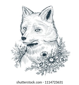 Vector Black and White Fox Flowers Illustration