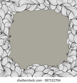 Vector black and white frame with abstract pattern of wavy lines in the style of doodles