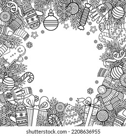 Vector black and white frame for Christmas coloring book for adult. Sweets and gifts from Santa and festive decoration