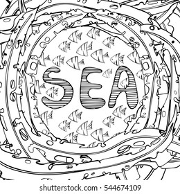 vector black and white frame with seaweed in the background fish.sea