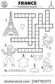 Vector black and white France crossword puzzle for kids. Simple French line quiz for children with traditional symbols. Educational activity, coloring page with croissant, Eiffel Tower
