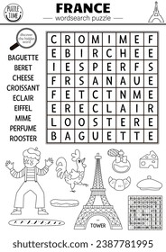 Vector black and white France word search puzzle for kids. Simple French line word search coloring page with traditional symbols. Cultural educational activity with croissant, Eiffel Tower, Marianne
