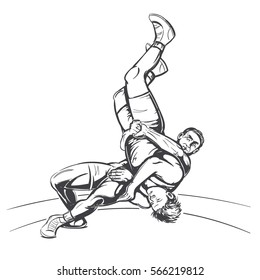 Vector Black and White Freestyle Wrestling Hand Drawn Illustration