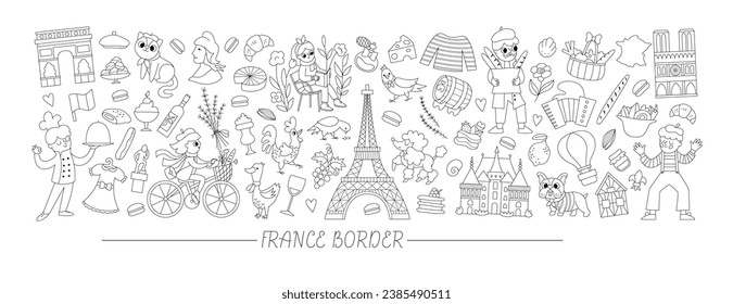 Vector black and white French horizontal frame with people, animals, Eiffel tower, traditional symbols. Touristic France card template design. Cute line illustration or coloring page 
